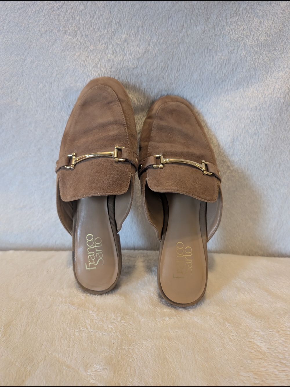 Franco Sarto Brown Suede Mule Loafers with Gold Bit